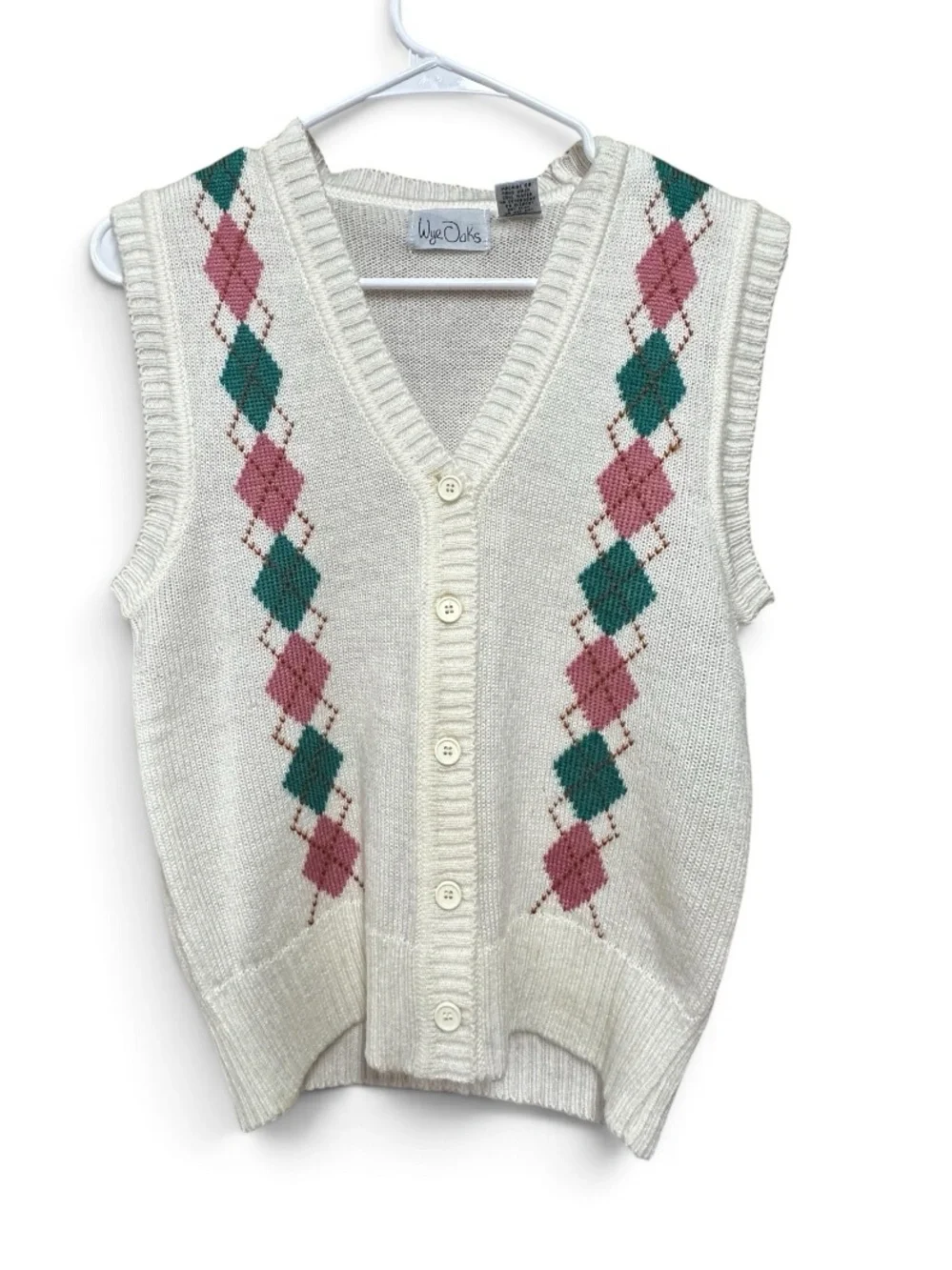 Wye Oaks Ivory Argyle Knit Cardigan Sweater Vest Women’s Medium Classic Preppy